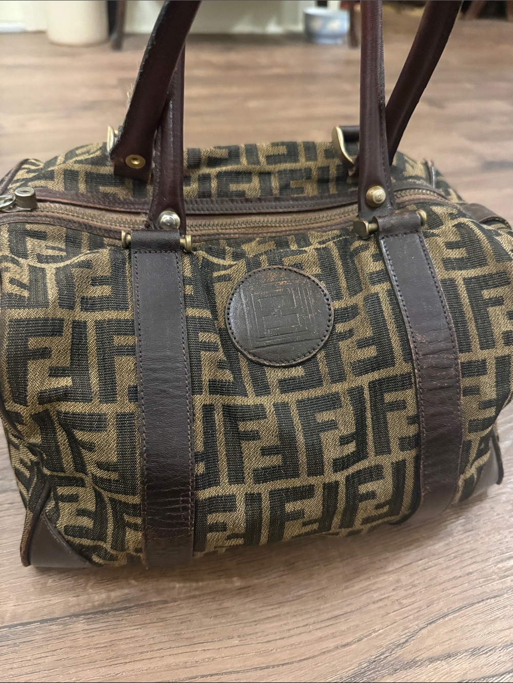 Vintage Zucca Fendi Boston Bag Brown & Tan FF Logo Canvas Tote Small Duffel